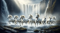 Seven White Horses Galloping Through Waterfall | PrintPosters.in